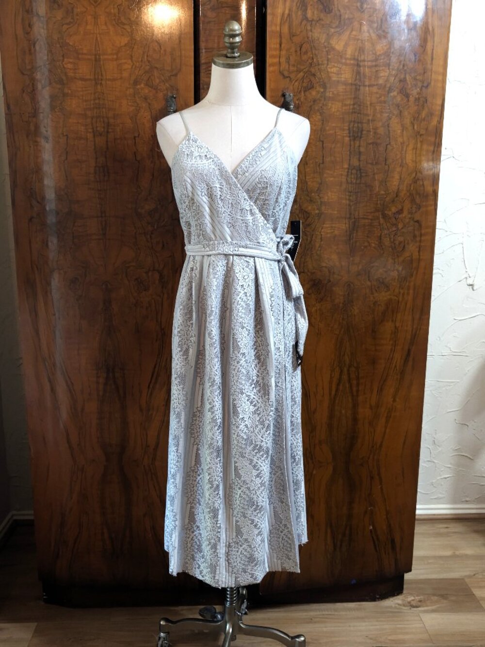 Lulus Lovely in Lace Maxi Wrap Dress L Dusty Blue Cottagecore Romantic Wedding